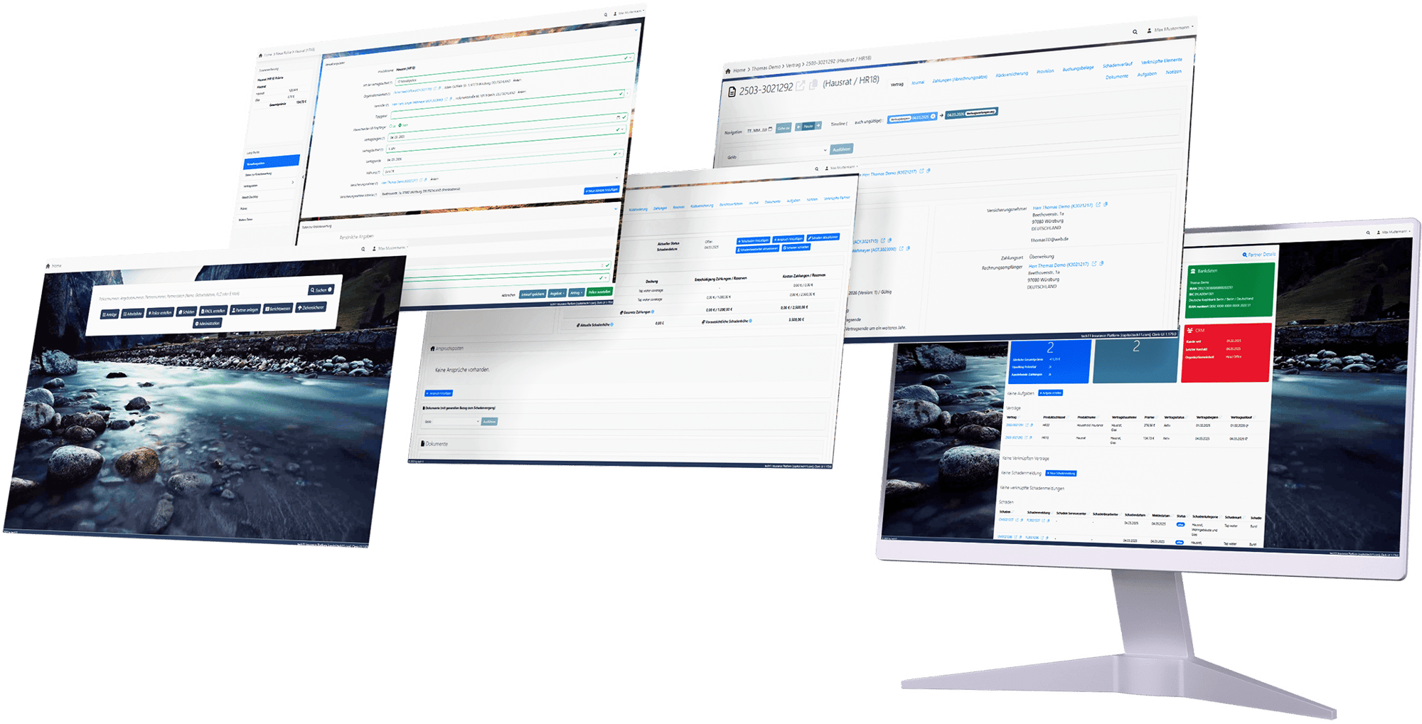 Mehrere Bildschirme, die aus einem Display hervorgehen und verschiedene Bereiche der tech11 Insurance Platform Oberfläche zeigen