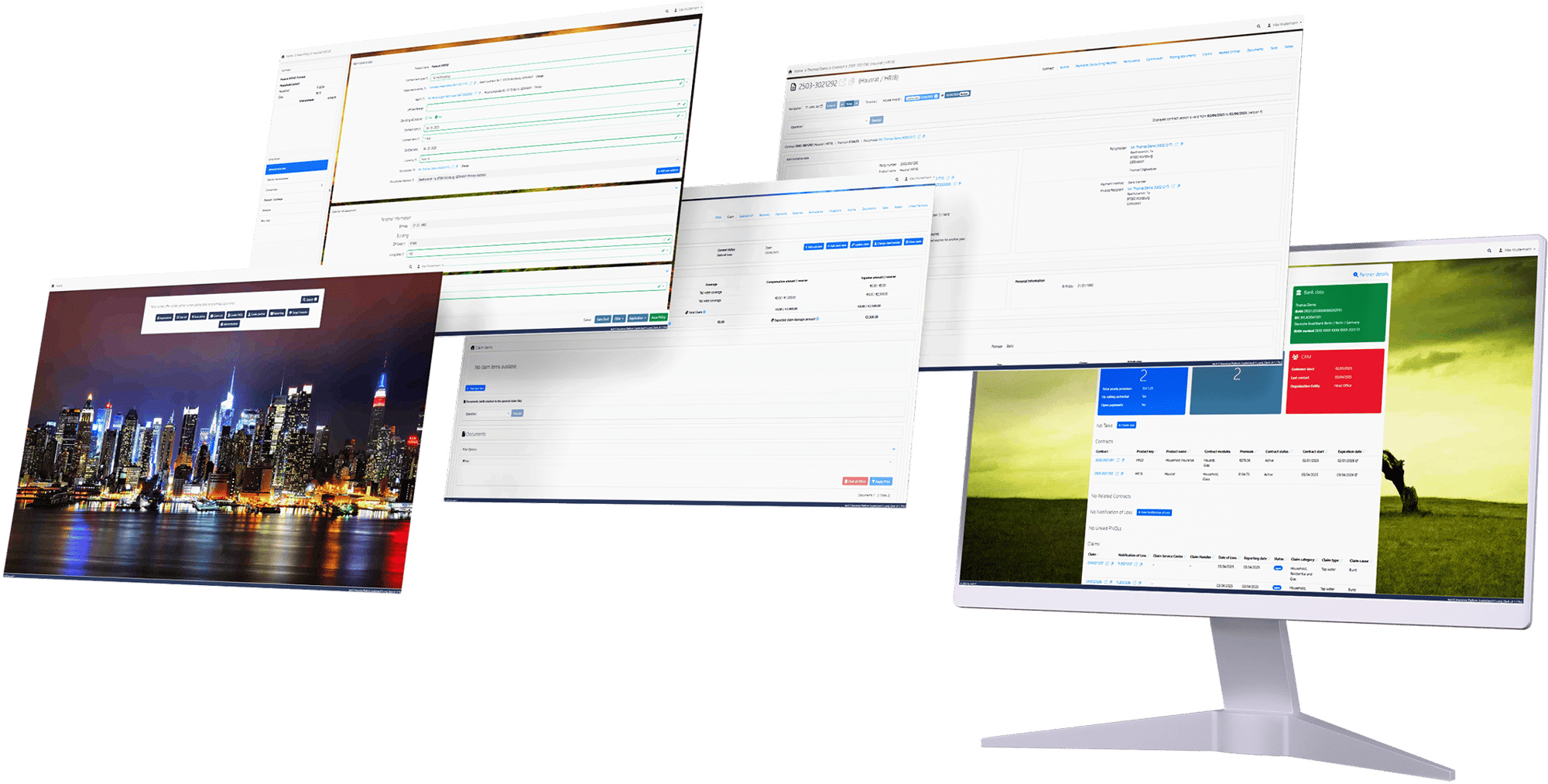 Multiple screens emerging from a display showing different areas of the tech11 insurance platform interface